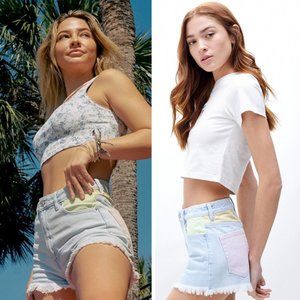 NWT PacSun Eco Rainbow Paneled High Waisted Denim Festival Shorts